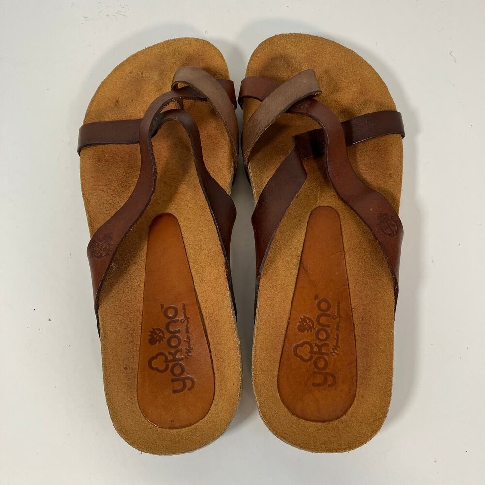 Yokono Sz 6 Brown Leather Comfort Sandals Toe Ring Cross Strap - Picture 12 of 16